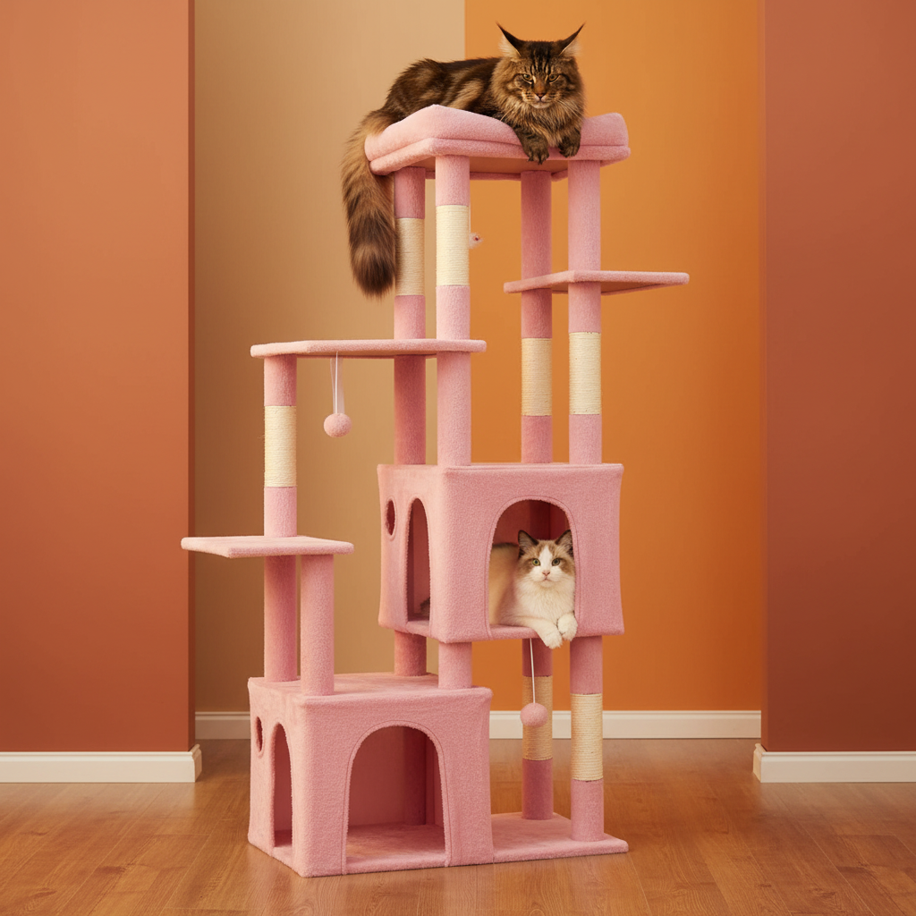 Arbre à chat rose Maine Coon fond chaud