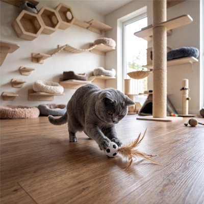 chartreux joue avec Balle pour chat football dans salle jeux