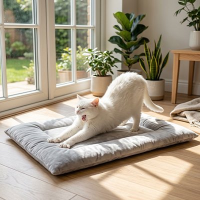 chat blanc sur Tapis Chat gris qui s'étire devant fenêtre
