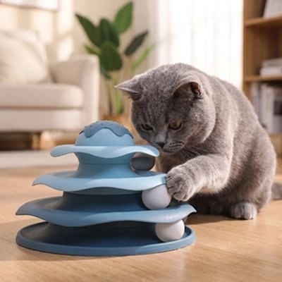 chat gris joue avec Jouet pour Chat bleu