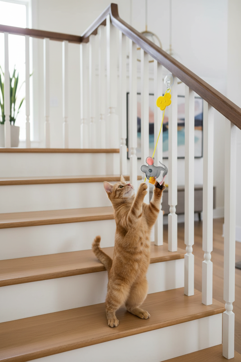 Chat jouant avec JumpPaw sur escalier 1
