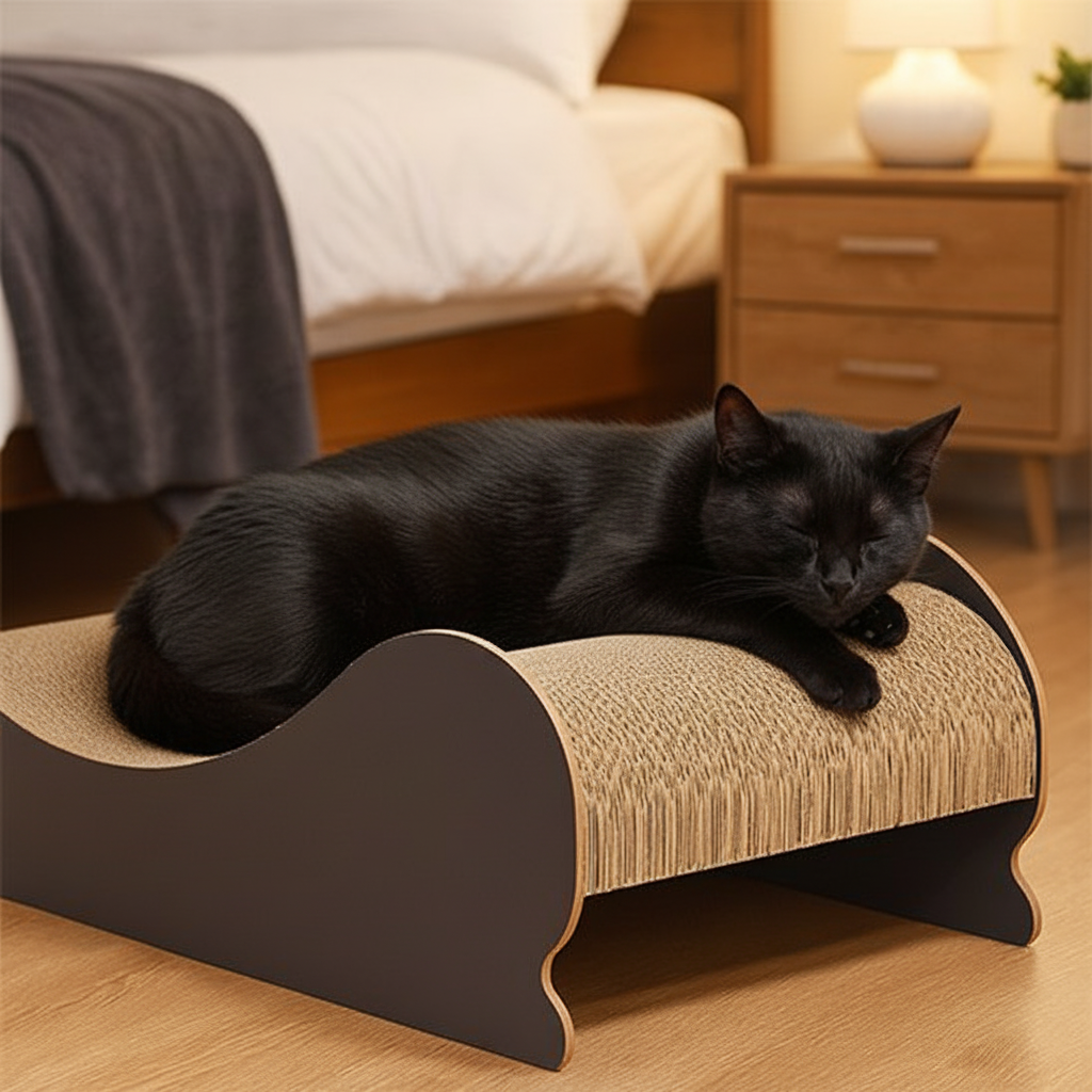 Chat noir sur le griffoir lit premium