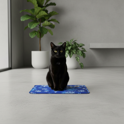 Chat noir sur tapis rafraîchissant chat bleu marine
