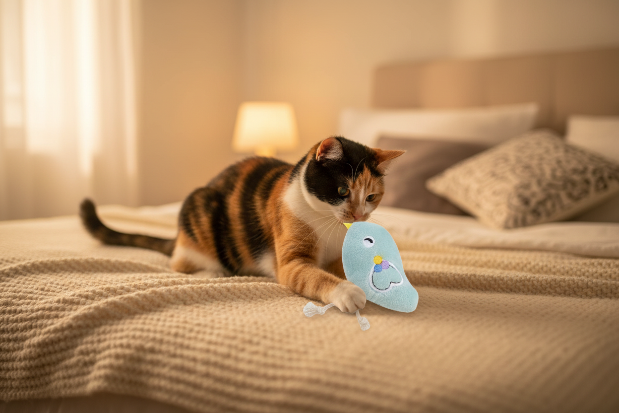 Chat tricolore avec peluche oiseau