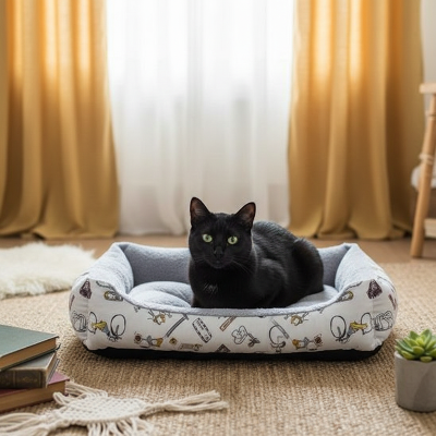 Coussin chat rideaux jaunes