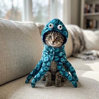 Déguisement pour Chat pieuvre bleue et chat sur canapé clair