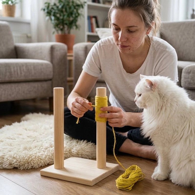 femme positionne Corde arbre a chat jaune griffoir avec chat