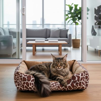 Maine Coon couché dans Panier pour Chat devant véranda