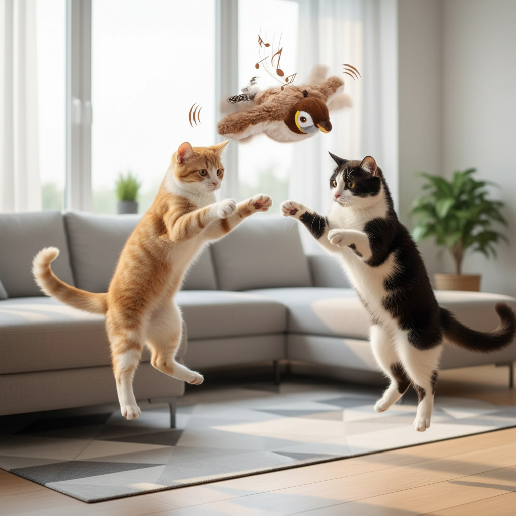 Oiseau peluche chat avec 2 chats