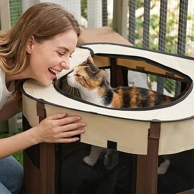 Parc pour Chat toit ouvert femme fait câlin chatte isabelle