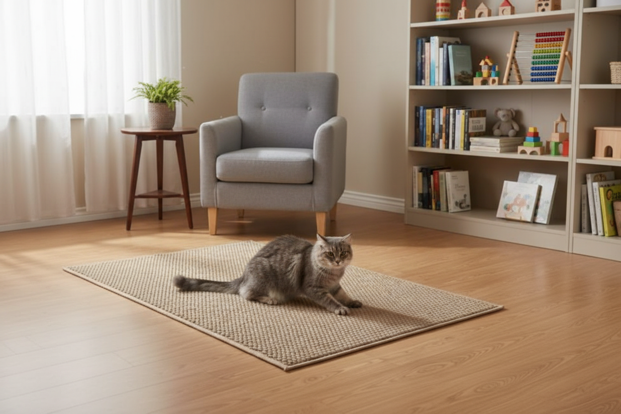 Tapis griffoir gris en salle de jeux