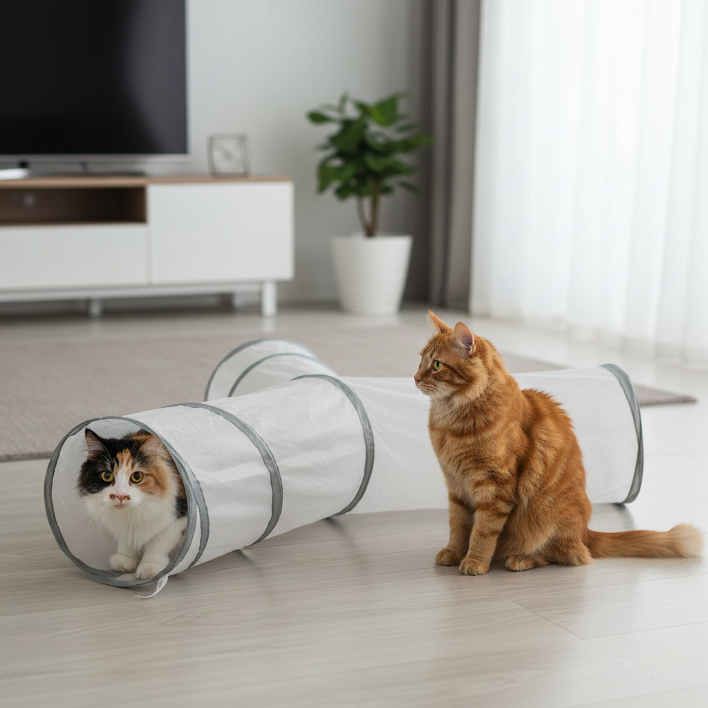 Tunnel chat en forme de T avec chat tricolore et roux