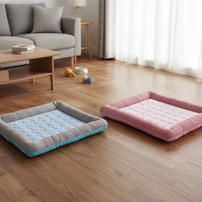 2 Tapis rafraichissant Chat rose et bleu sur sol salon