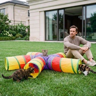 3 chats jouent avec Tunnel Chat dans jardin homme assis