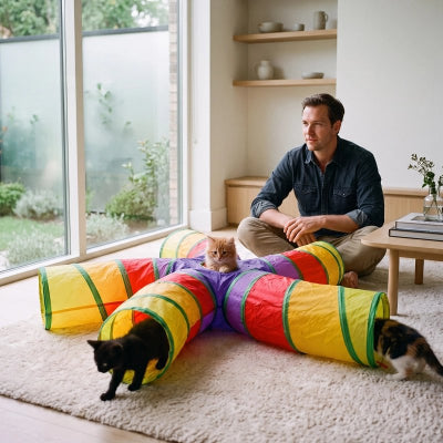  3 chats jouent avec Tunnel Chat homme assis sur tapis 