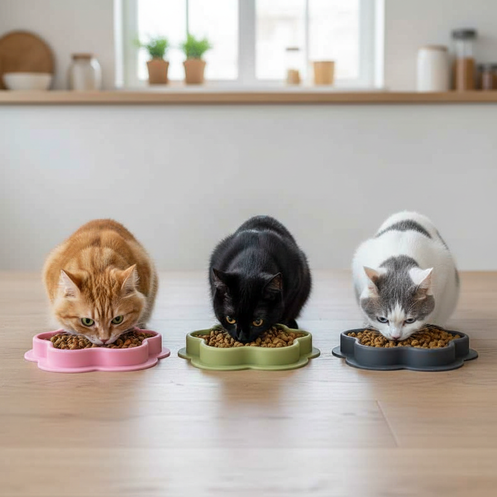3 gamelles 3 chats en cuisine