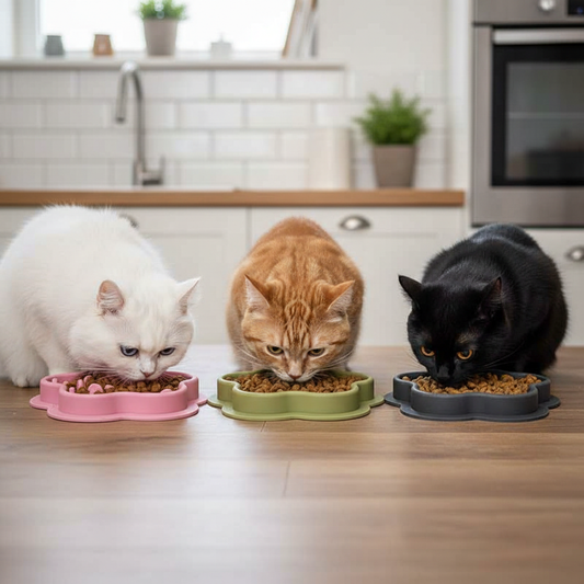 3 gamelles 3 chats rapprochés en cuisine