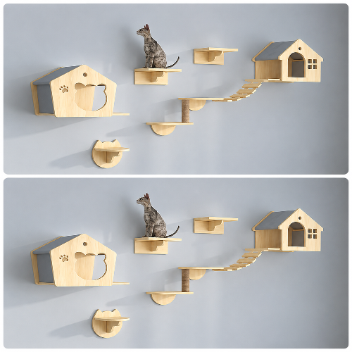 ARBRE À CHAT MURAL POSÉ SUR LE MUR  CHAT DESSUS