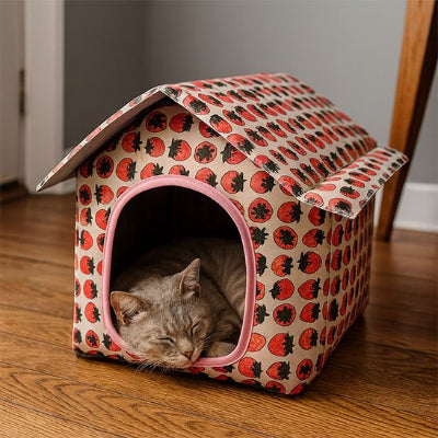 Niche pour Chat  extérieur décor fraises rouges