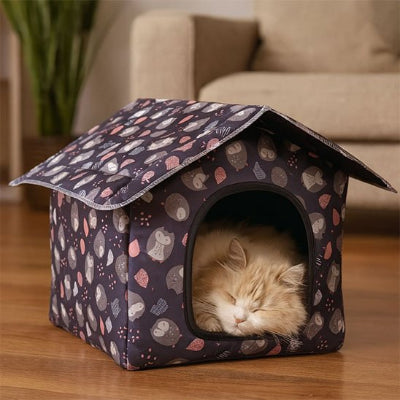 Niche pour Chat extérieur décor hiboux gris