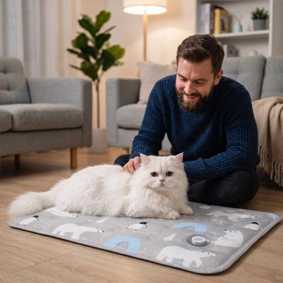 angora couché sur tapis rafraichissant chat son maître le caresse 