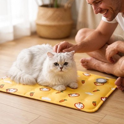 angora installé sur Tapis rafraichissant Chat homme le caresse 