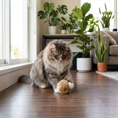 angora joue avec Jouet pour Chat devant fenêtre salon