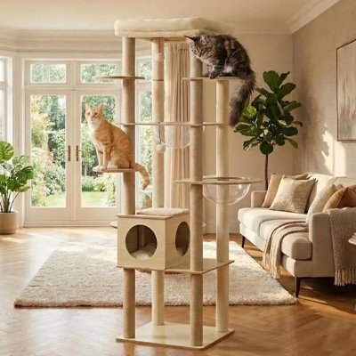 Arbre a Chat en bois 2 demi sphères transparentes  