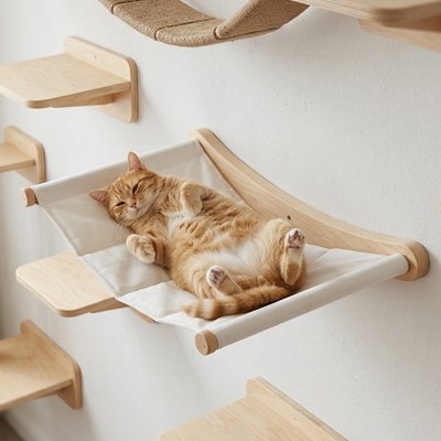 Arbre a Chat mural hamac bois naturel et tissu
