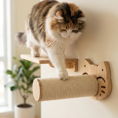 Arbre a Chat mural poteau à gratter horizontal en bois blanc et corde