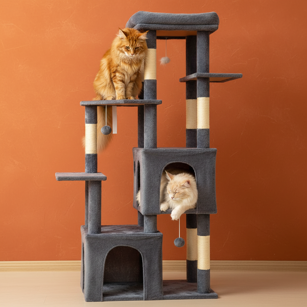 Arbre à chat bleu fond terracotta Maine Coon