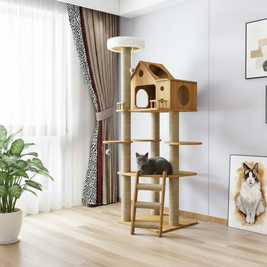 Arbre à chat bois chambre British Shorthair