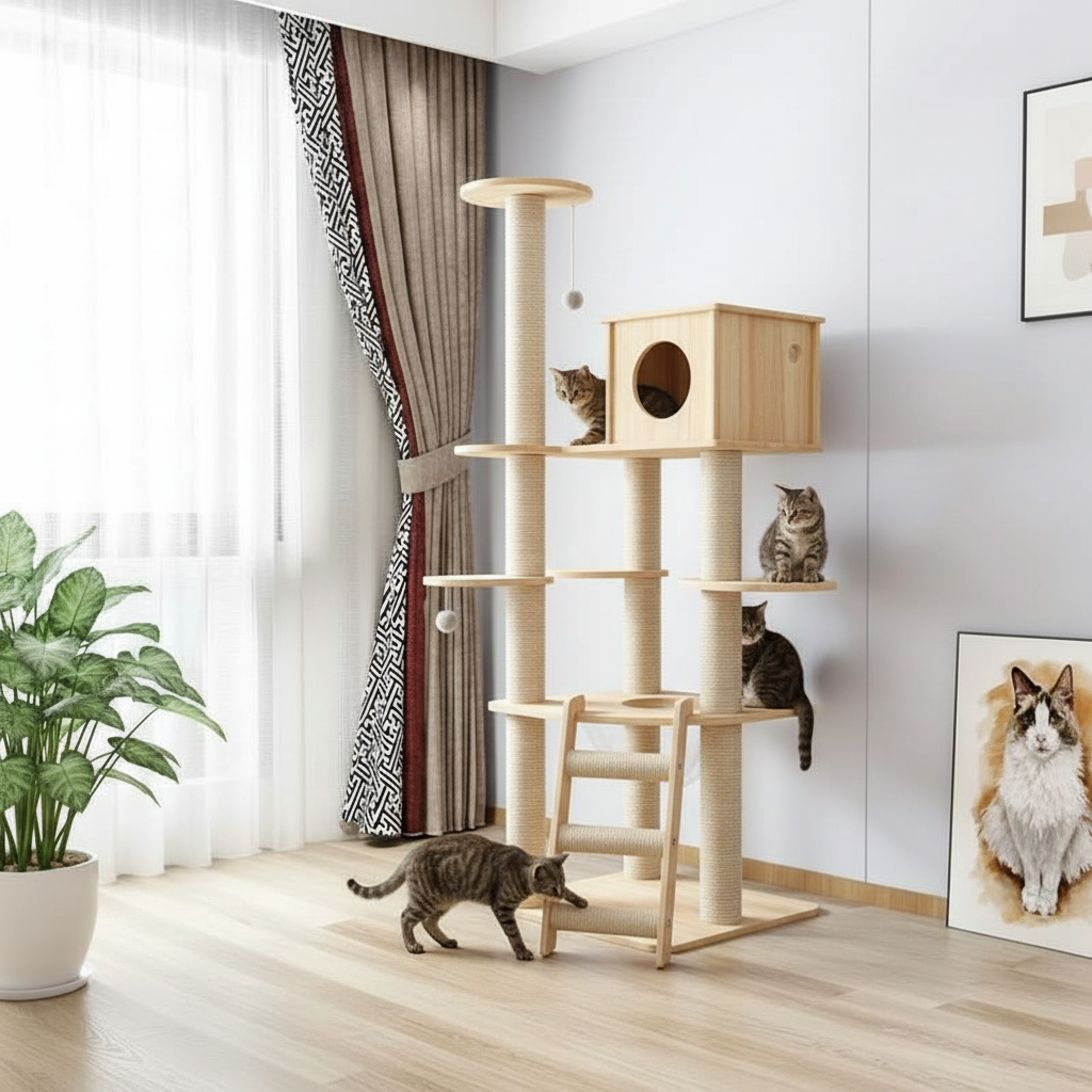 Arbre à chat bois salon chat tigré