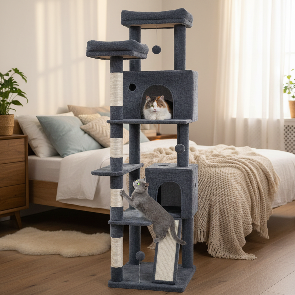 Arbre à chat dans chambre avec chats