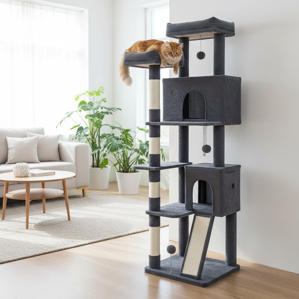Arbre à chat dans salon moderne avec chat roux