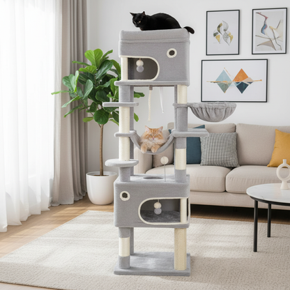 Arbre à chat gris avec chat roux et chat noir