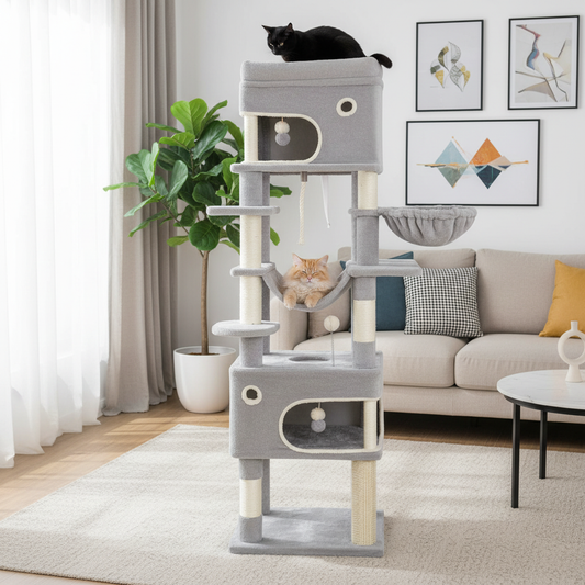 Arbre à chat gris avec chat roux et chat noir