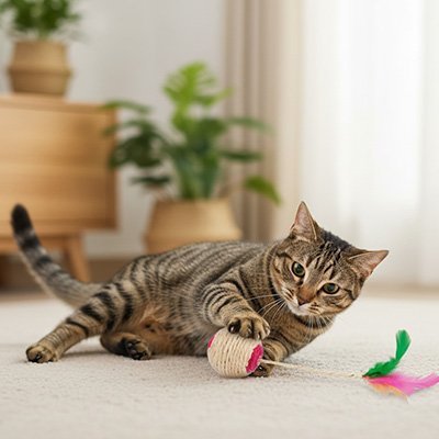 Balle chat avec son plumeau | en sisal et avec plumeau en couleur - Chatjoue