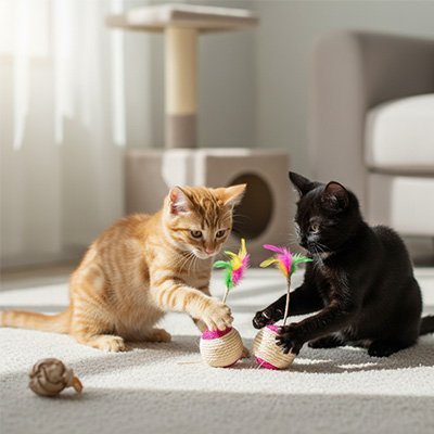 Balle chat avec son plumeau | en sisal et avec plumeau en couleur - Chatjoue