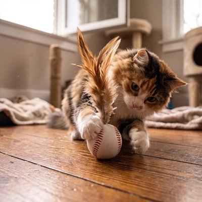 Balle pour chat baseball entre les pattes du chat