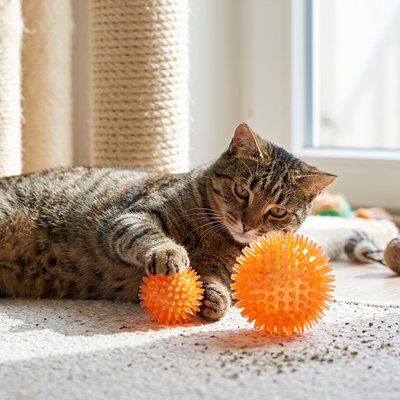 Balle pour chat de couleur orange avec picots
