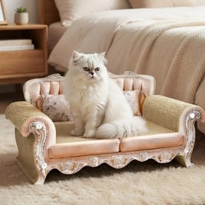 Canapé pour chat et chat assis dessus dans chambre 
