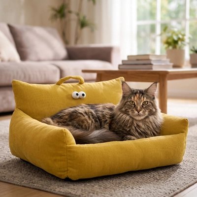 Canapé pour chat  moutarde et Maine Coon installé dessus