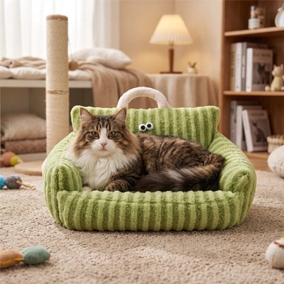 Canapé pour chat sur tapis crème Maine Coon couché dessus