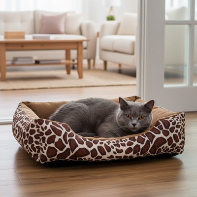 chartreux couché dans Panier pour Chat devant porte salon
