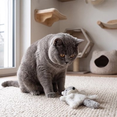 chartreux regarde Jeux pour Chat gris parterre