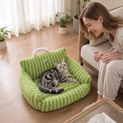chat allongé sur Canapé pour chat femme le regarde 
