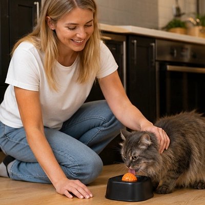chat angora lèche Gamelle anti glouton Chat femme caresse chat