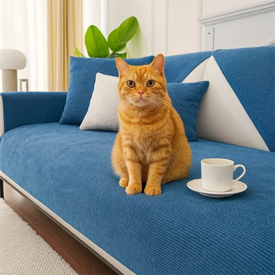 chat assis sur Protection canapé chat bleu avec tasse 