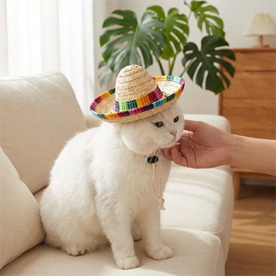 chat avec Déguisement pour Chat chapeau assis sur canapé